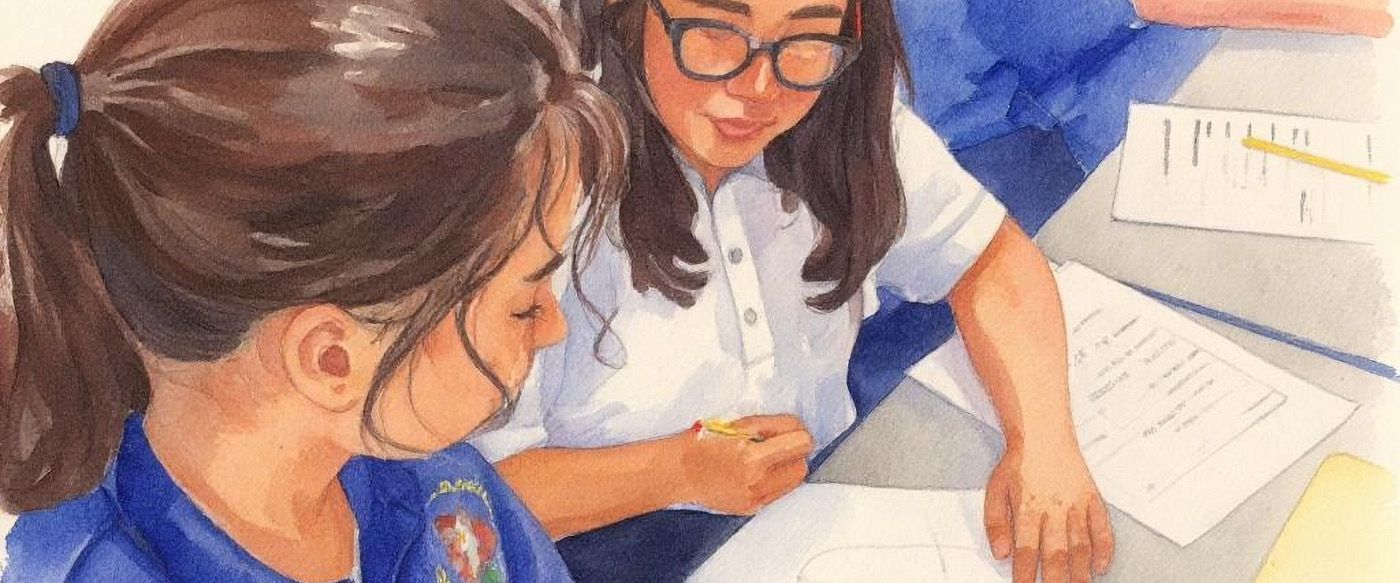 watercolour of students studying