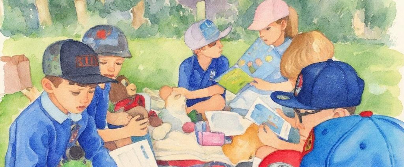 watercolour of students studying outdoors