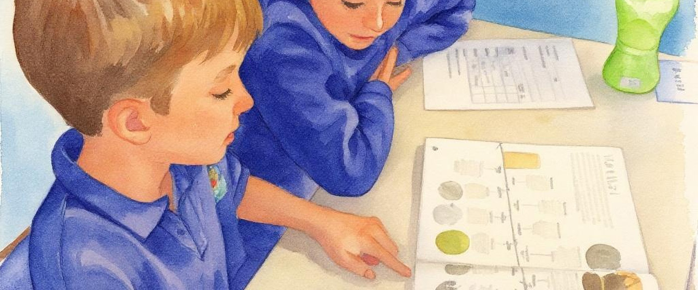 watercolour of students studying at school