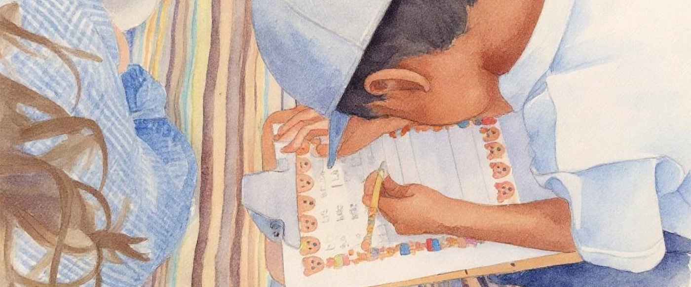 watercolour of a student writing on his clipboard
