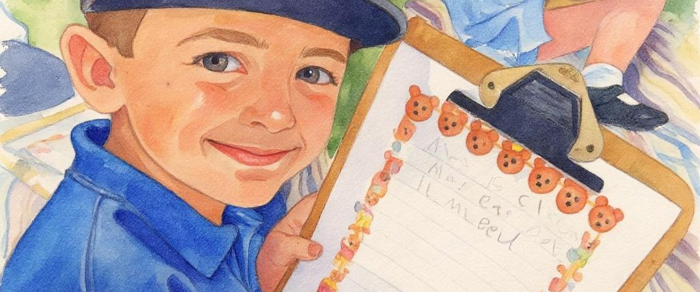 watercolour close up of a student holding up his clipboard