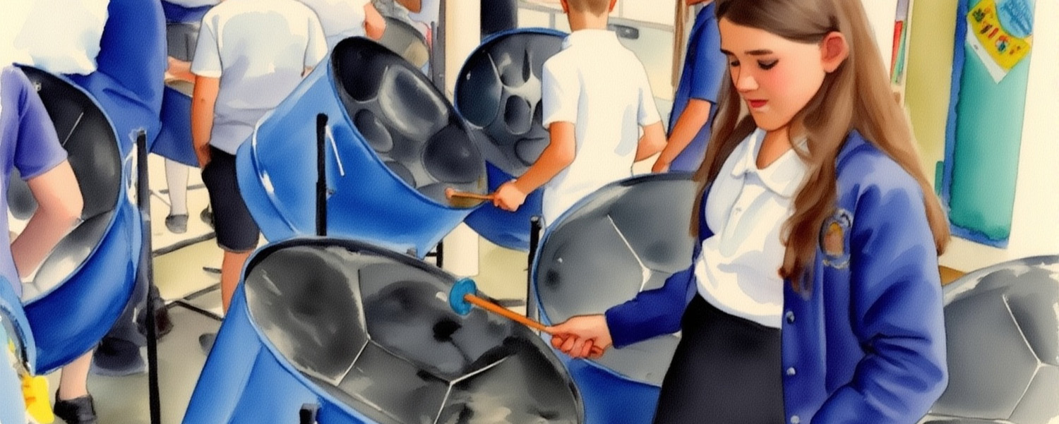 Watercolour painting of students playing on the drums 
